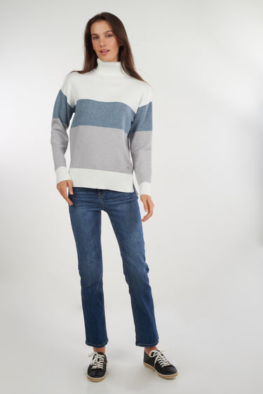 Magasinez le chandail rayé à col montant de Colori - Shop the striped turtleneck sweater from Colori